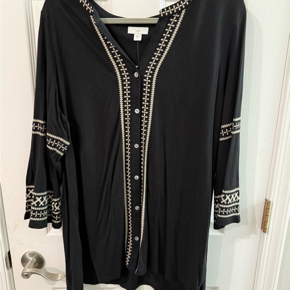 J. Jill Black Button Down Shirt with White Embroidery